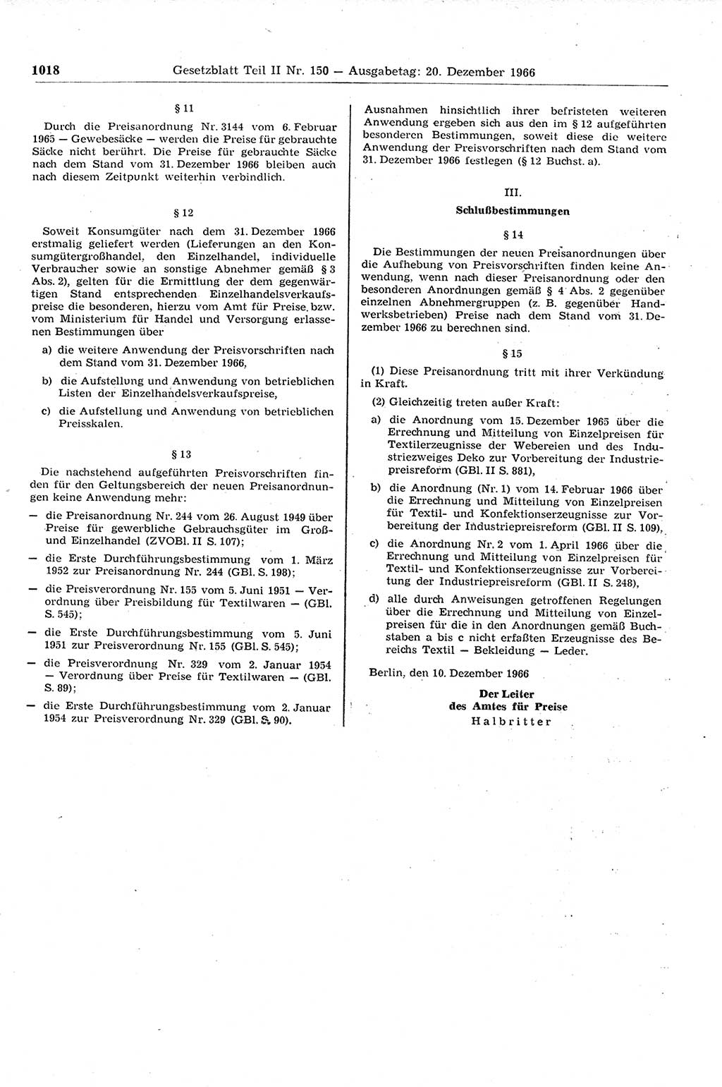 Gesetzblatt (GBl.) der Deutschen Demokratischen Republik (DDR) Teil ⅠⅠ 1966, Seite 1018 (GBl. DDR ⅠⅠ 1966, S. 1018)
