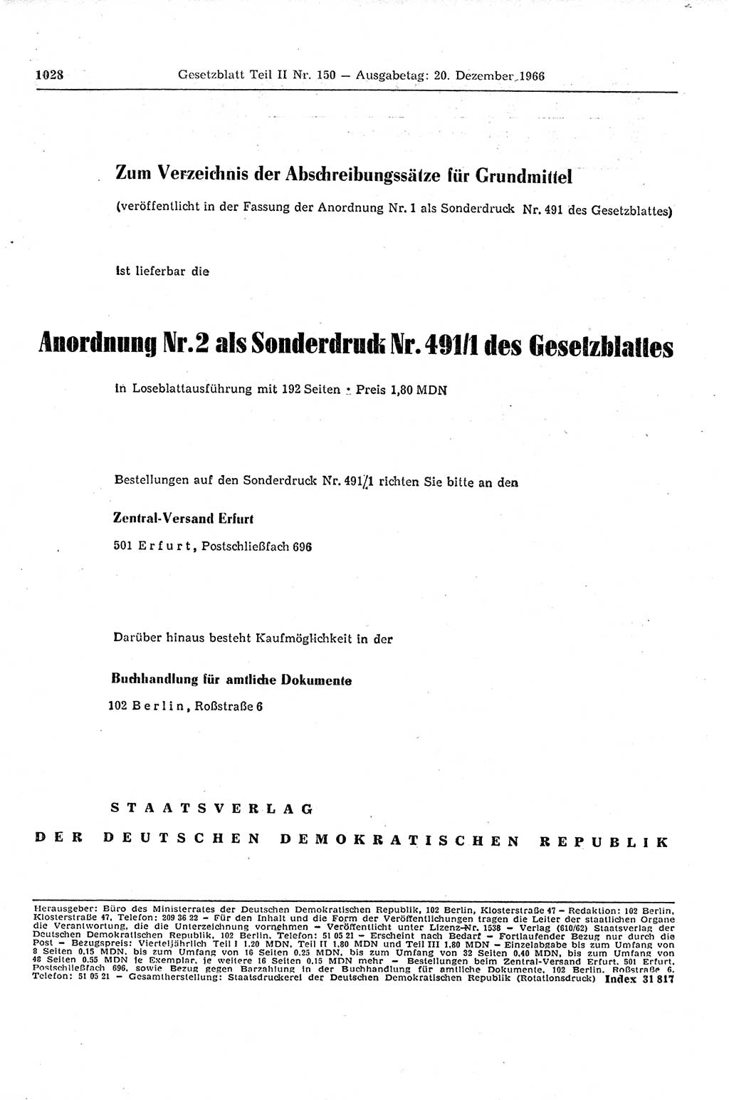 Gesetzblatt (GBl.) der Deutschen Demokratischen Republik (DDR) Teil ⅠⅠ 1966, Seite 1028 (GBl. DDR ⅠⅠ 1966, S. 1028)