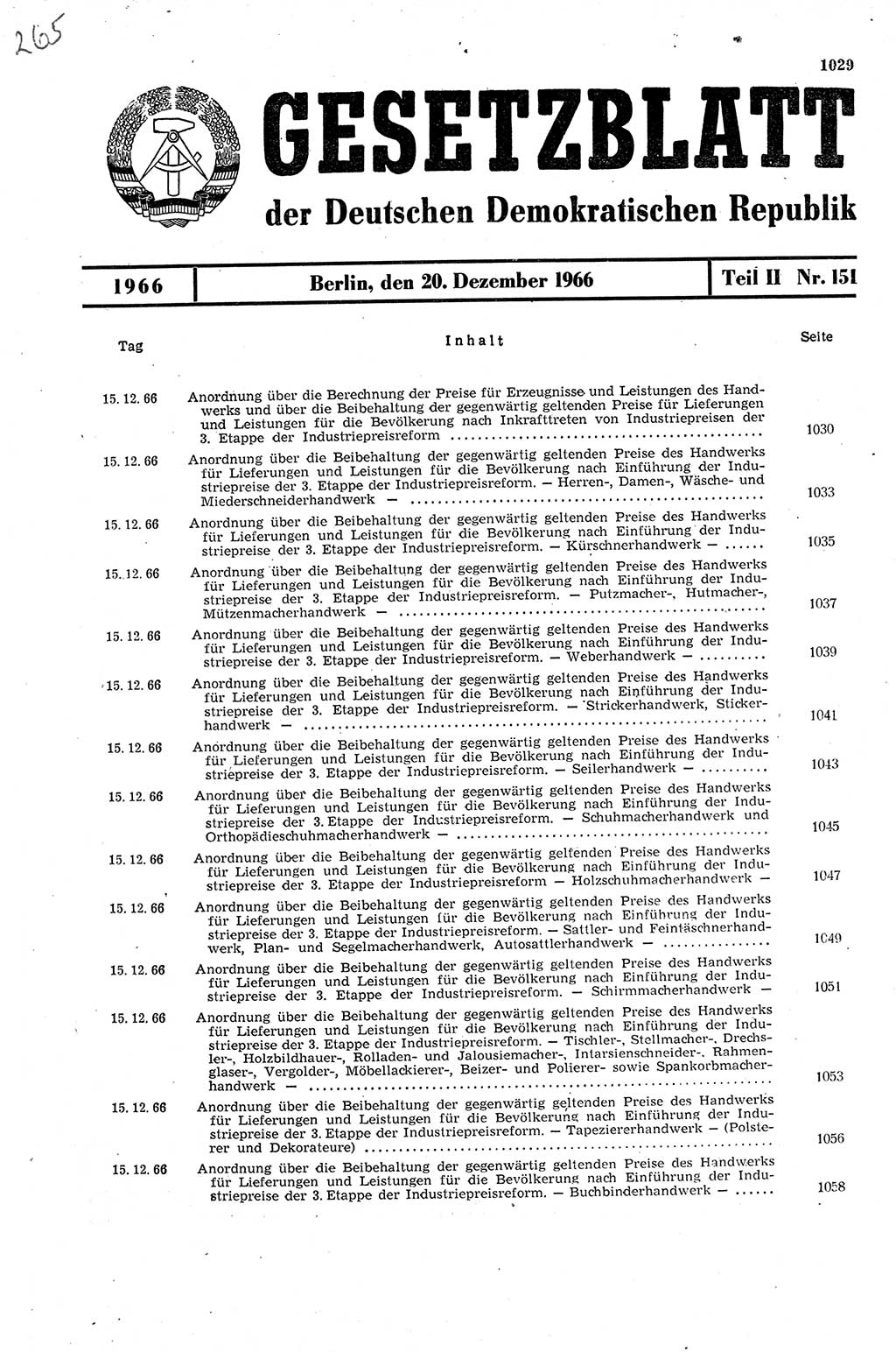 Gesetzblatt (GBl.) der Deutschen Demokratischen Republik (DDR) Teil ⅠⅠ 1966, Seite 1029 (GBl. DDR ⅠⅠ 1966, S. 1029)