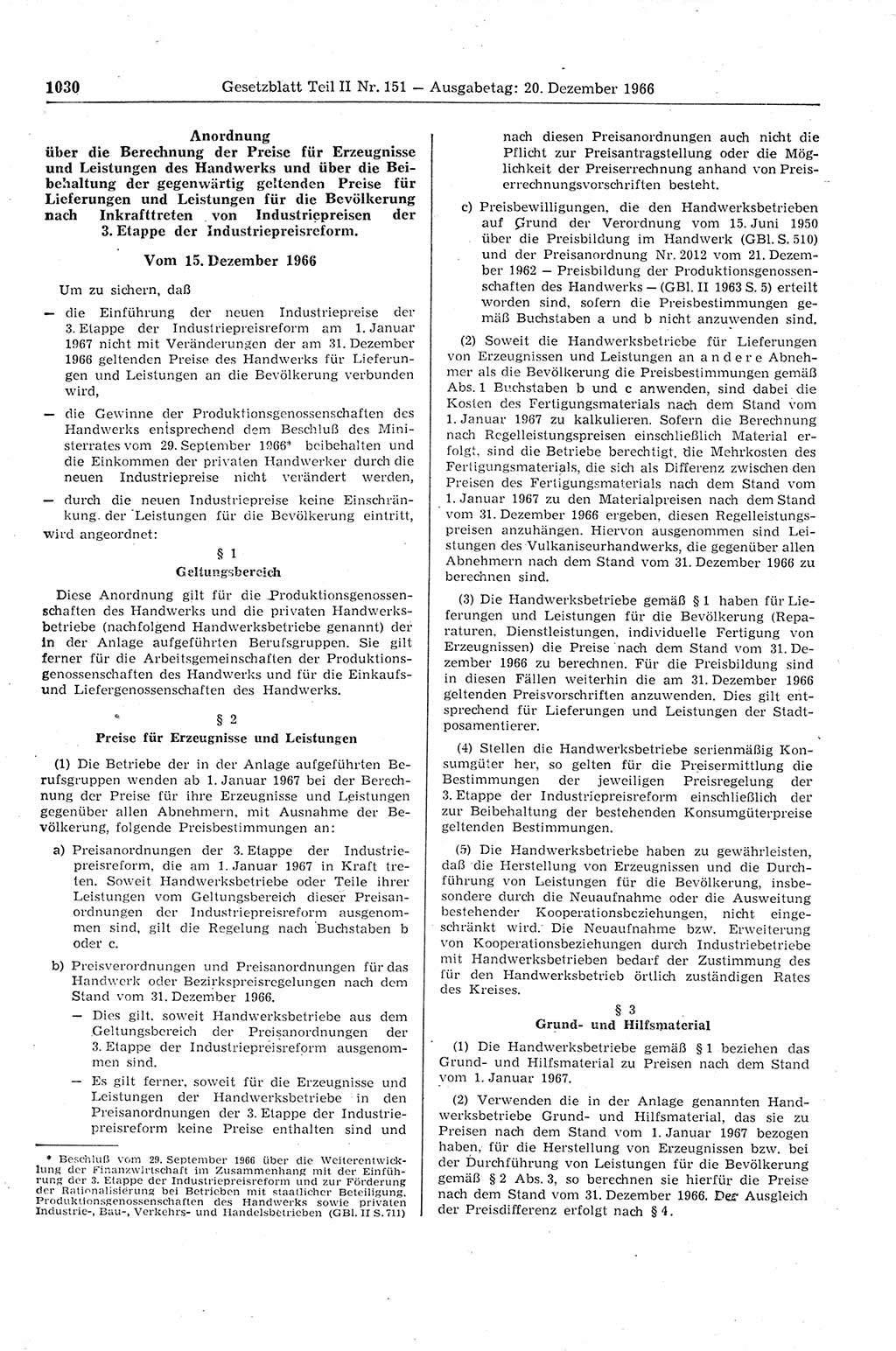 Gesetzblatt (GBl.) der Deutschen Demokratischen Republik (DDR) Teil ⅠⅠ 1966, Seite 1030 (GBl. DDR ⅠⅠ 1966, S. 1030)