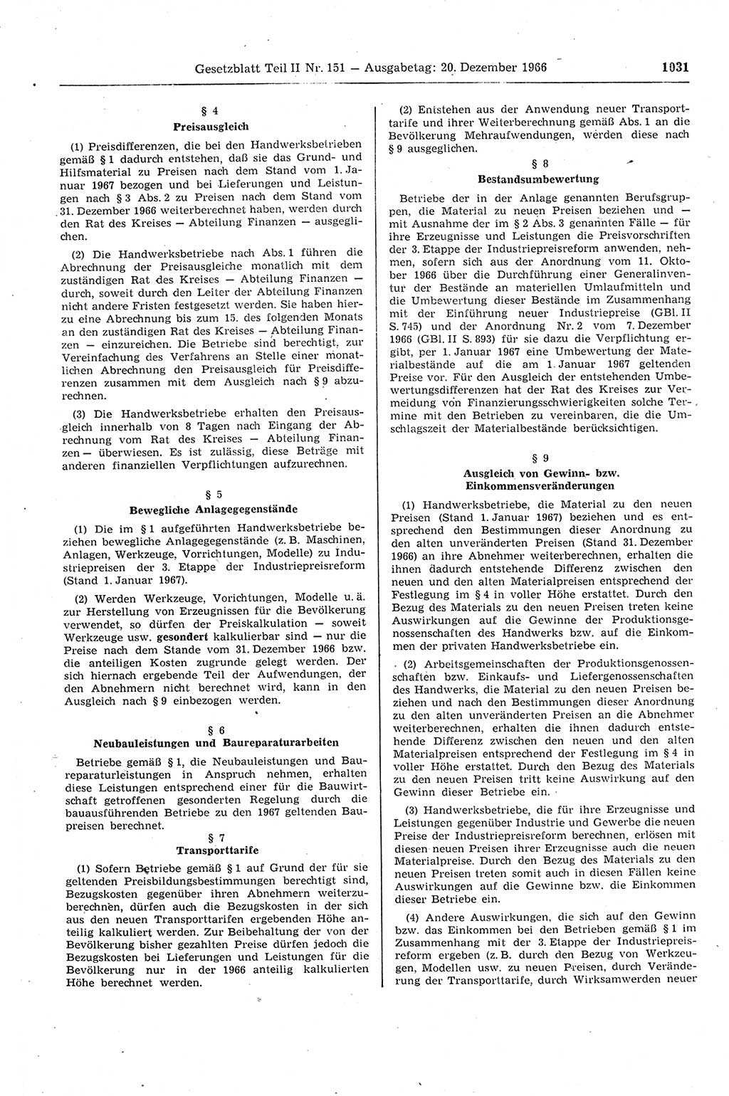 Gesetzblatt (GBl.) der Deutschen Demokratischen Republik (DDR) Teil ⅠⅠ 1966, Seite 1031 (GBl. DDR ⅠⅠ 1966, S. 1031)