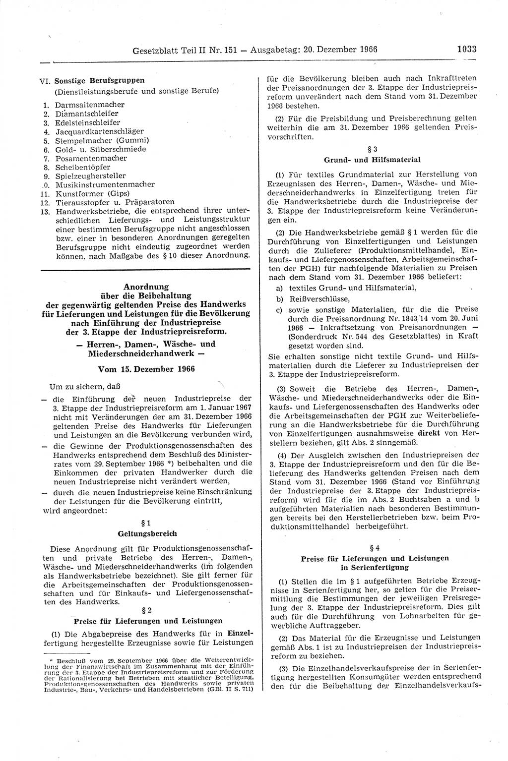 Gesetzblatt (GBl.) der Deutschen Demokratischen Republik (DDR) Teil ⅠⅠ 1966, Seite 1033 (GBl. DDR ⅠⅠ 1966, S. 1033)
