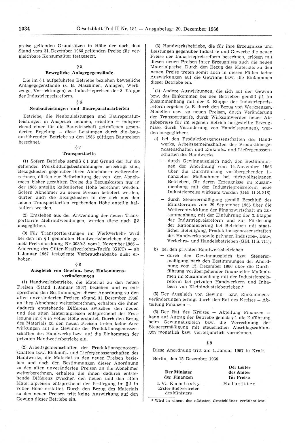 Gesetzblatt (GBl.) der Deutschen Demokratischen Republik (DDR) Teil ⅠⅠ 1966, Seite 1034 (GBl. DDR ⅠⅠ 1966, S. 1034)