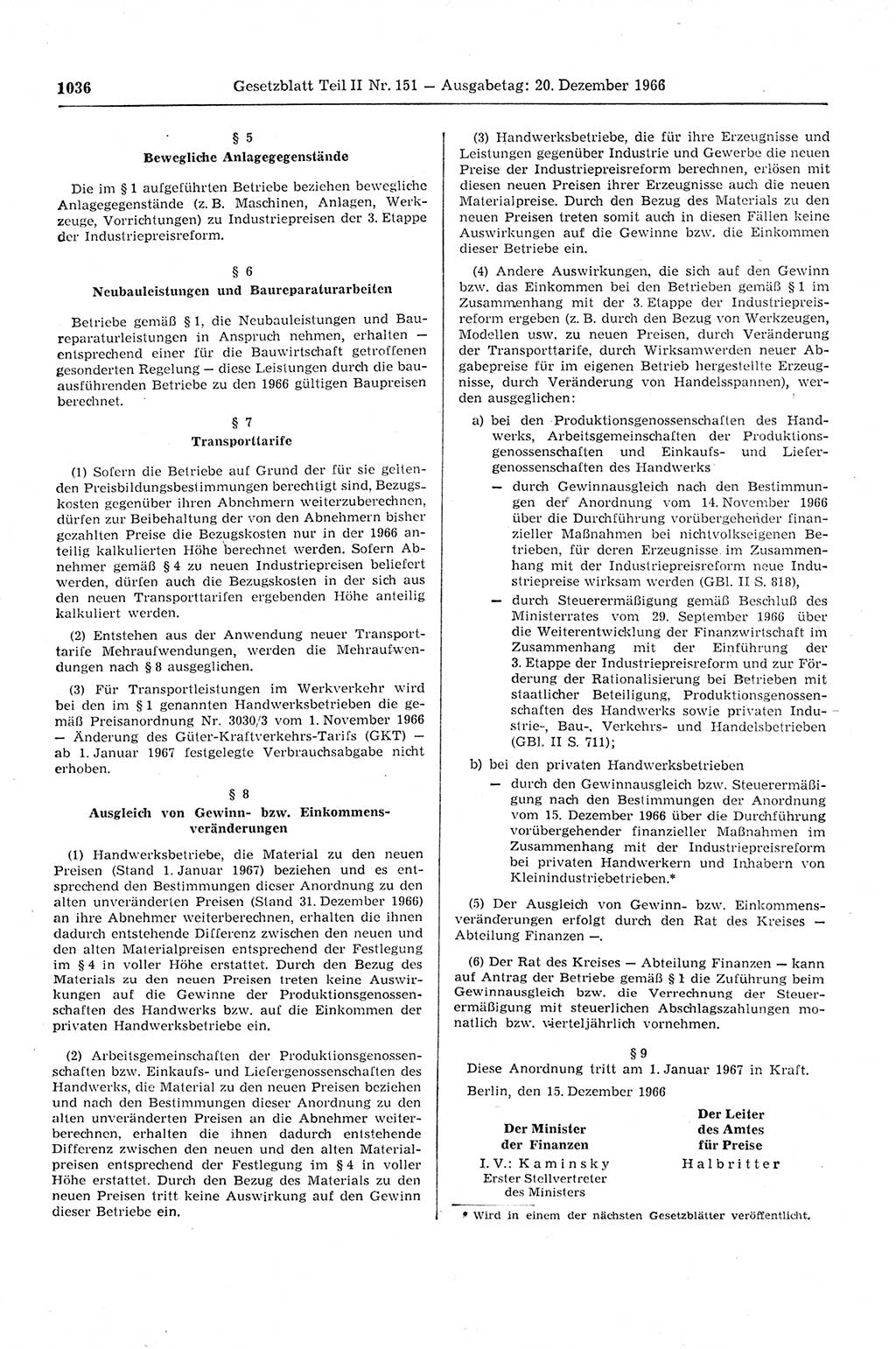 Gesetzblatt (GBl.) der Deutschen Demokratischen Republik (DDR) Teil ⅠⅠ 1966, Seite 1036 (GBl. DDR ⅠⅠ 1966, S. 1036)