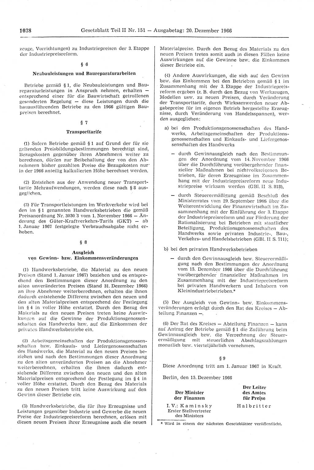 Gesetzblatt (GBl.) der Deutschen Demokratischen Republik (DDR) Teil ⅠⅠ 1966, Seite 1038 (GBl. DDR ⅠⅠ 1966, S. 1038)