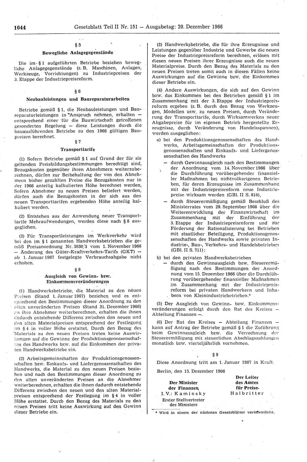 Gesetzblatt (GBl.) der Deutschen Demokratischen Republik (DDR) Teil ⅠⅠ 1966, Seite 1044 (GBl. DDR ⅠⅠ 1966, S. 1044)