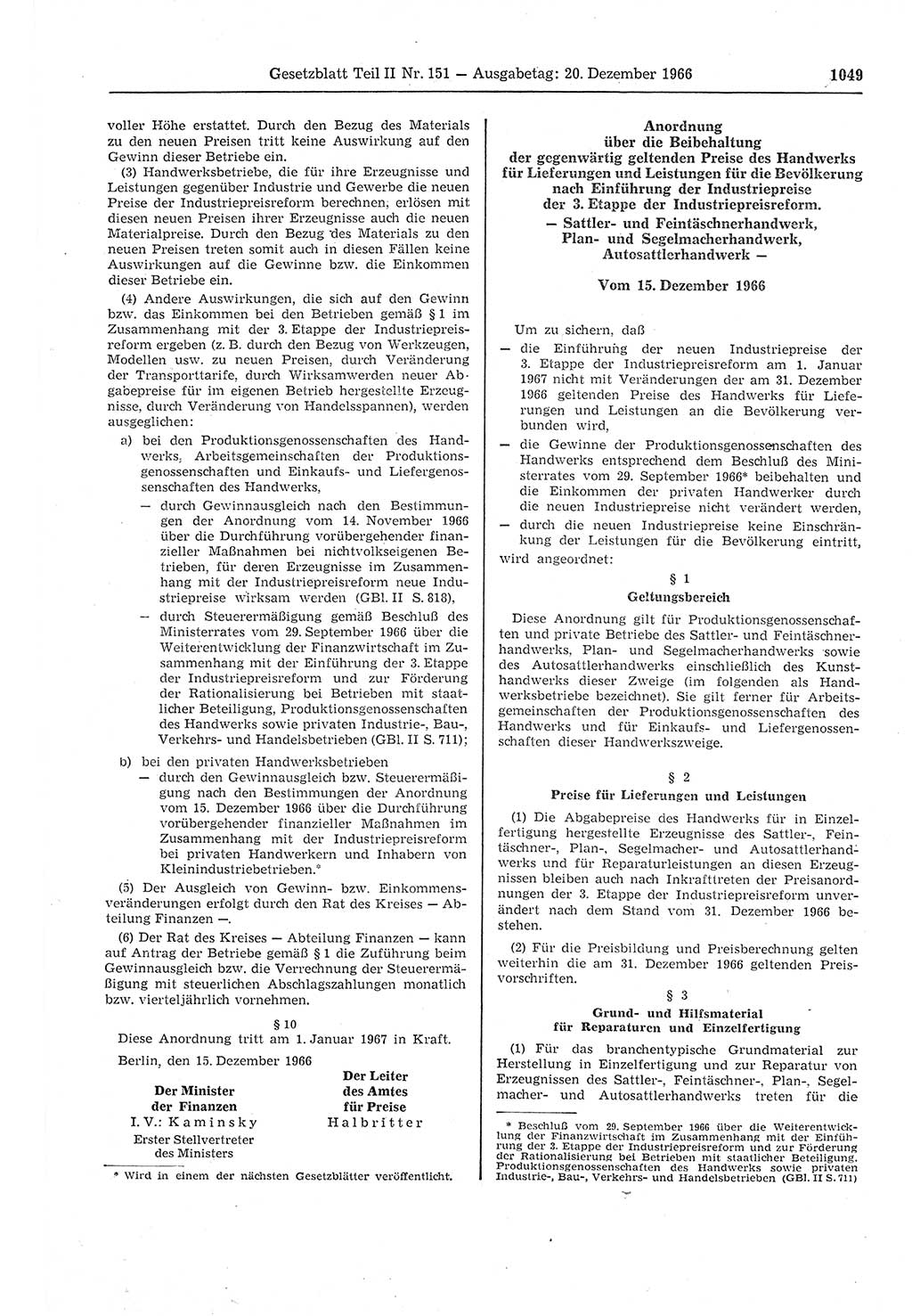 Gesetzblatt (GBl.) der Deutschen Demokratischen Republik (DDR) Teil ⅠⅠ 1966, Seite 1049 (GBl. DDR ⅠⅠ 1966, S. 1049)