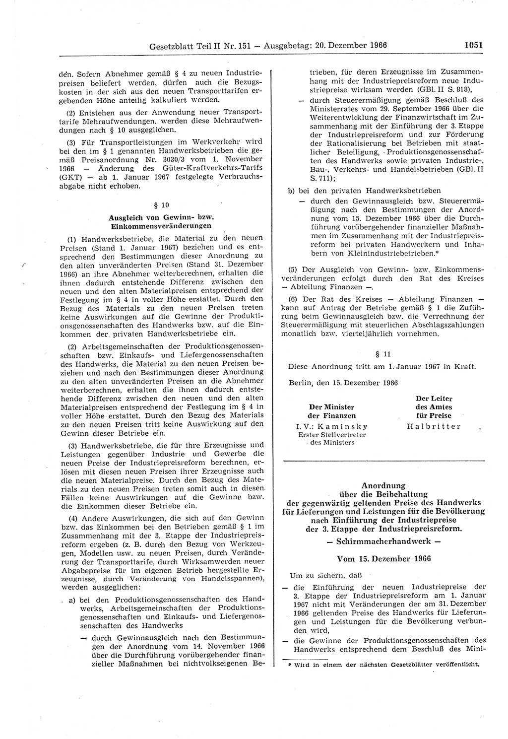 Gesetzblatt (GBl.) der Deutschen Demokratischen Republik (DDR) Teil ⅠⅠ 1966, Seite 1051 (GBl. DDR ⅠⅠ 1966, S. 1051)
