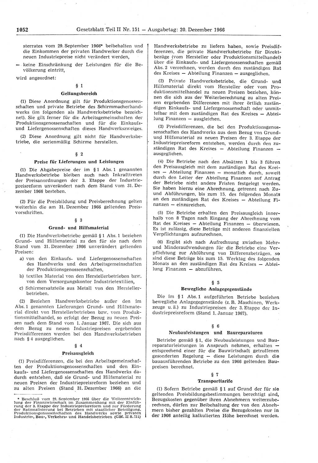 Gesetzblatt (GBl.) der Deutschen Demokratischen Republik (DDR) Teil ⅠⅠ 1966, Seite 1052 (GBl. DDR ⅠⅠ 1966, S. 1052)
