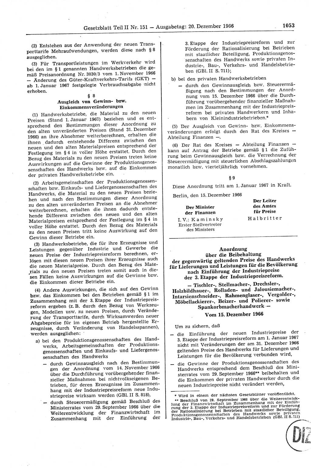 Gesetzblatt (GBl.) der Deutschen Demokratischen Republik (DDR) Teil ⅠⅠ 1966, Seite 1053 (GBl. DDR ⅠⅠ 1966, S. 1053)