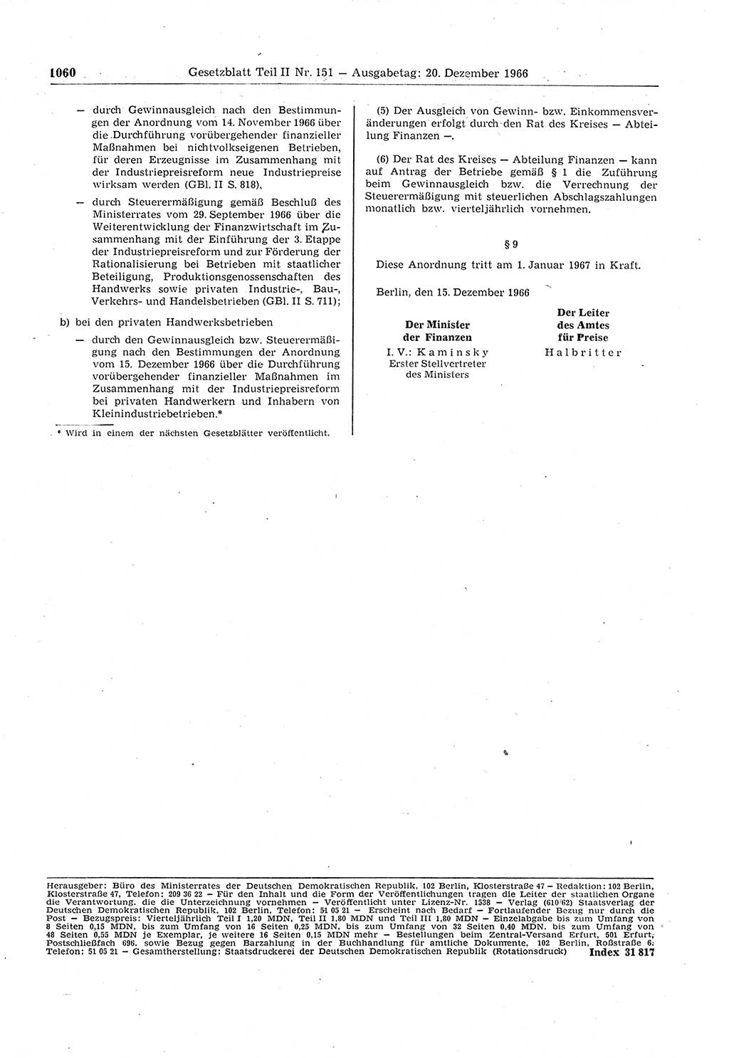 Gesetzblatt (GBl.) der Deutschen Demokratischen Republik (DDR) Teil ⅠⅠ 1966, Seite 1060 (GBl. DDR ⅠⅠ 1966, S. 1060)