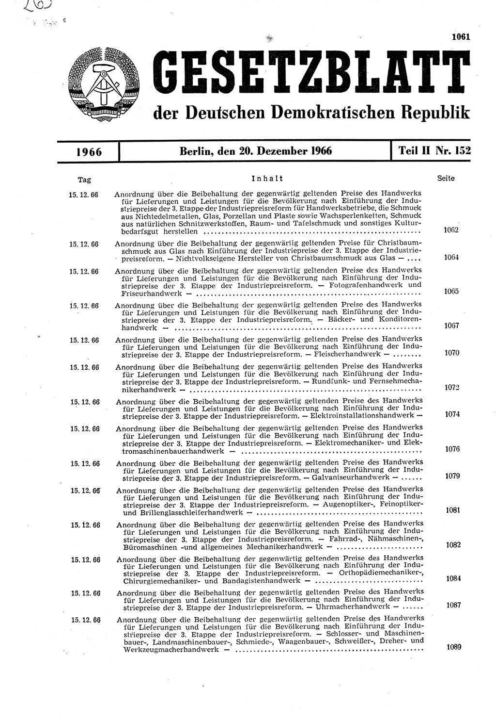 Gesetzblatt (GBl.) der Deutschen Demokratischen Republik (DDR) Teil ⅠⅠ 1966, Seite 1061 (GBl. DDR ⅠⅠ 1966, S. 1061)