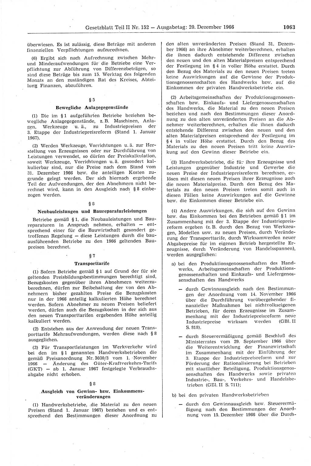 Gesetzblatt (GBl.) der Deutschen Demokratischen Republik (DDR) Teil ⅠⅠ 1966, Seite 1063 (GBl. DDR ⅠⅠ 1966, S. 1063)