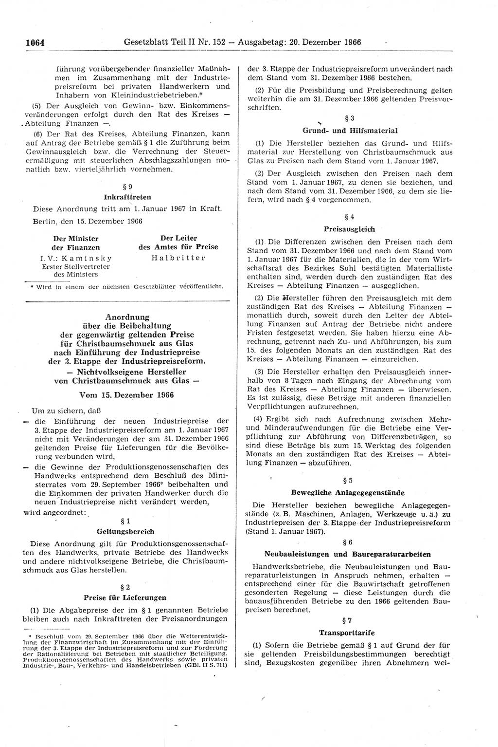 Gesetzblatt (GBl.) der Deutschen Demokratischen Republik (DDR) Teil ⅠⅠ 1966, Seite 1064 (GBl. DDR ⅠⅠ 1966, S. 1064)