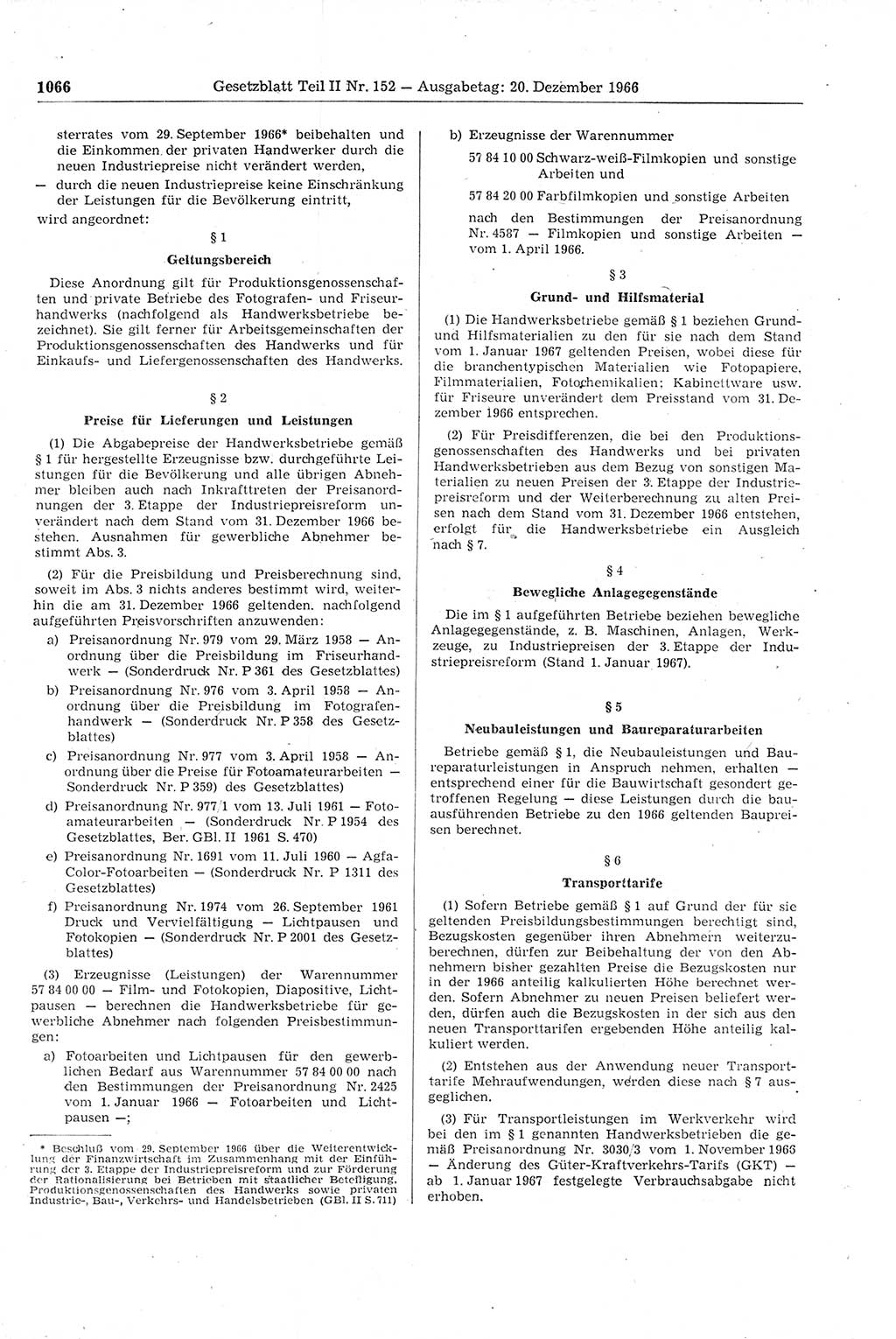 Gesetzblatt (GBl.) der Deutschen Demokratischen Republik (DDR) Teil ⅠⅠ 1966, Seite 1066 (GBl. DDR ⅠⅠ 1966, S. 1066)