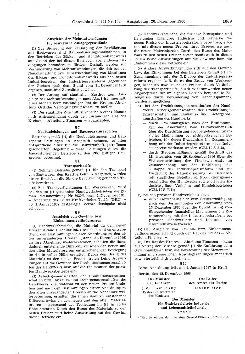 Gesetzblatt (GBl.) der Deutschen Demokratischen Republik (DDR) Teil ⅠⅠ 1966, Seite 1069 (GBl. DDR ⅠⅠ 1966, S. 1069)