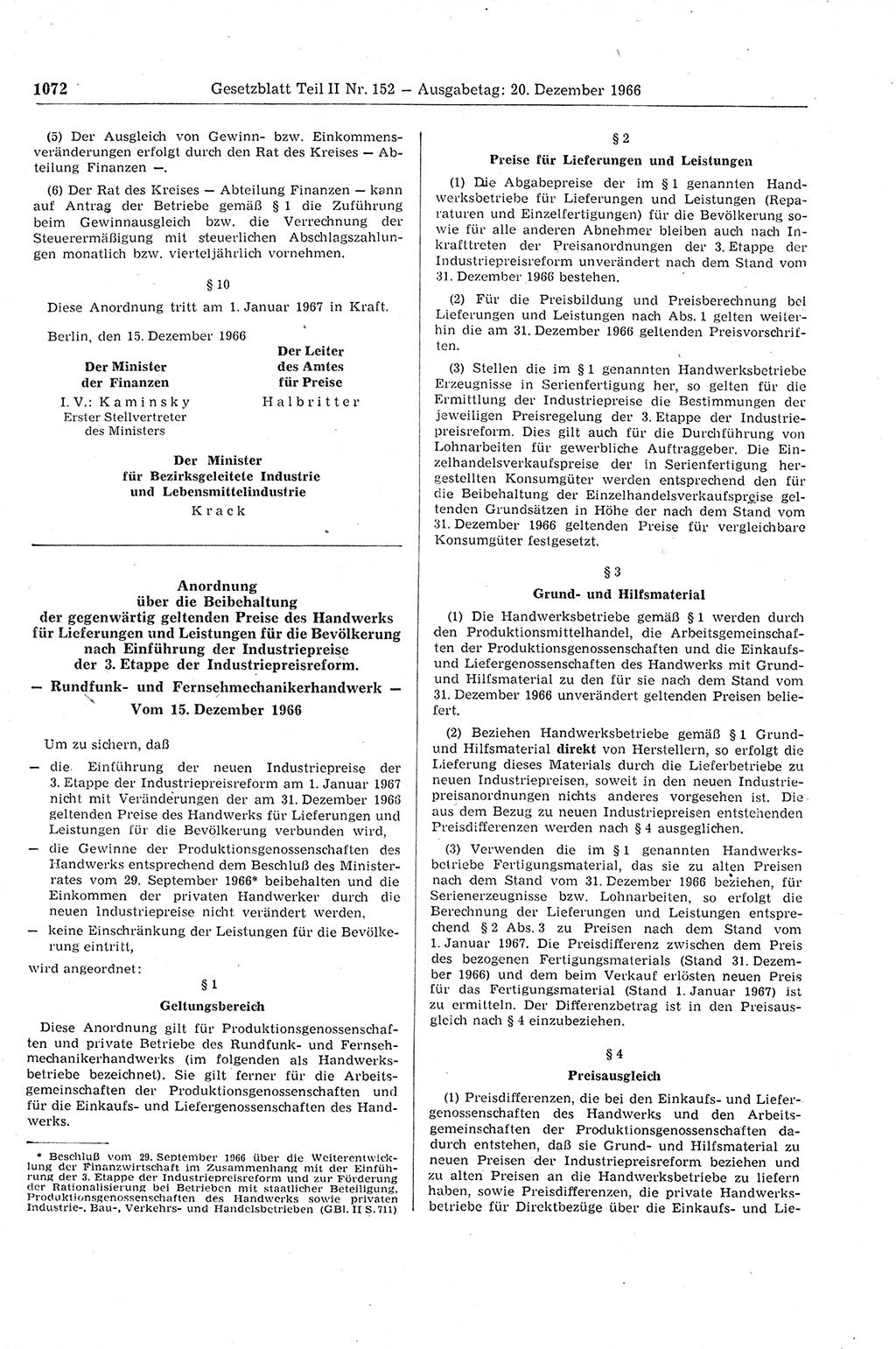 Gesetzblatt (GBl.) der Deutschen Demokratischen Republik (DDR) Teil ⅠⅠ 1966, Seite 1072 (GBl. DDR ⅠⅠ 1966, S. 1072)