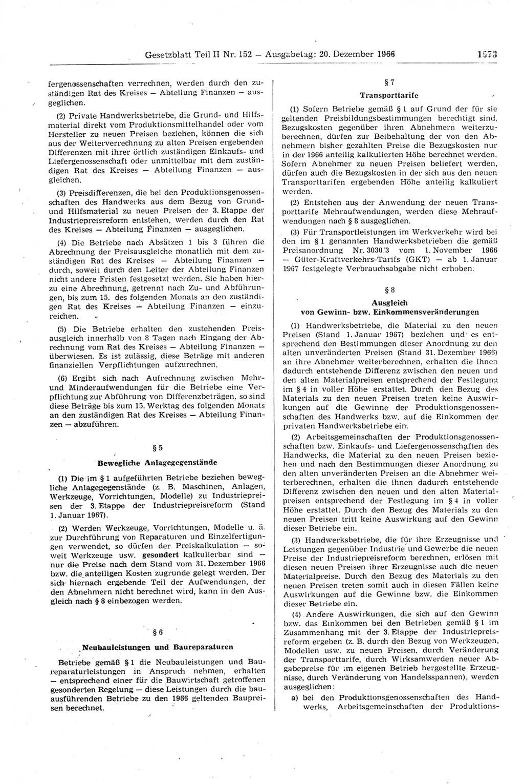 Gesetzblatt (GBl.) der Deutschen Demokratischen Republik (DDR) Teil ⅠⅠ 1966, Seite 1073 (GBl. DDR ⅠⅠ 1966, S. 1073)
