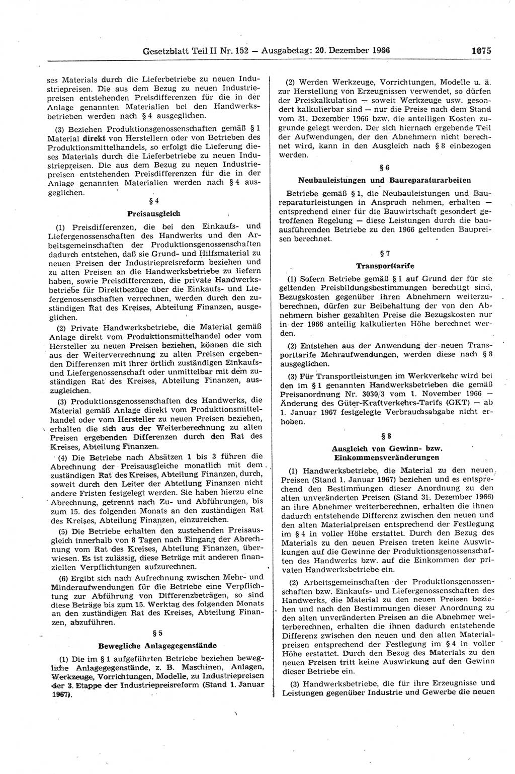 Gesetzblatt (GBl.) der Deutschen Demokratischen Republik (DDR) Teil ⅠⅠ 1966, Seite 1075 (GBl. DDR ⅠⅠ 1966, S. 1075)