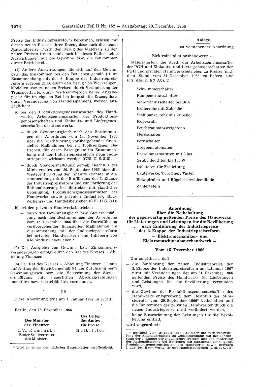 Gesetzblatt (GBl.) der Deutschen Demokratischen Republik (DDR) Teil ⅠⅠ 1966, Seite 1076 (GBl. DDR ⅠⅠ 1966, S. 1076)