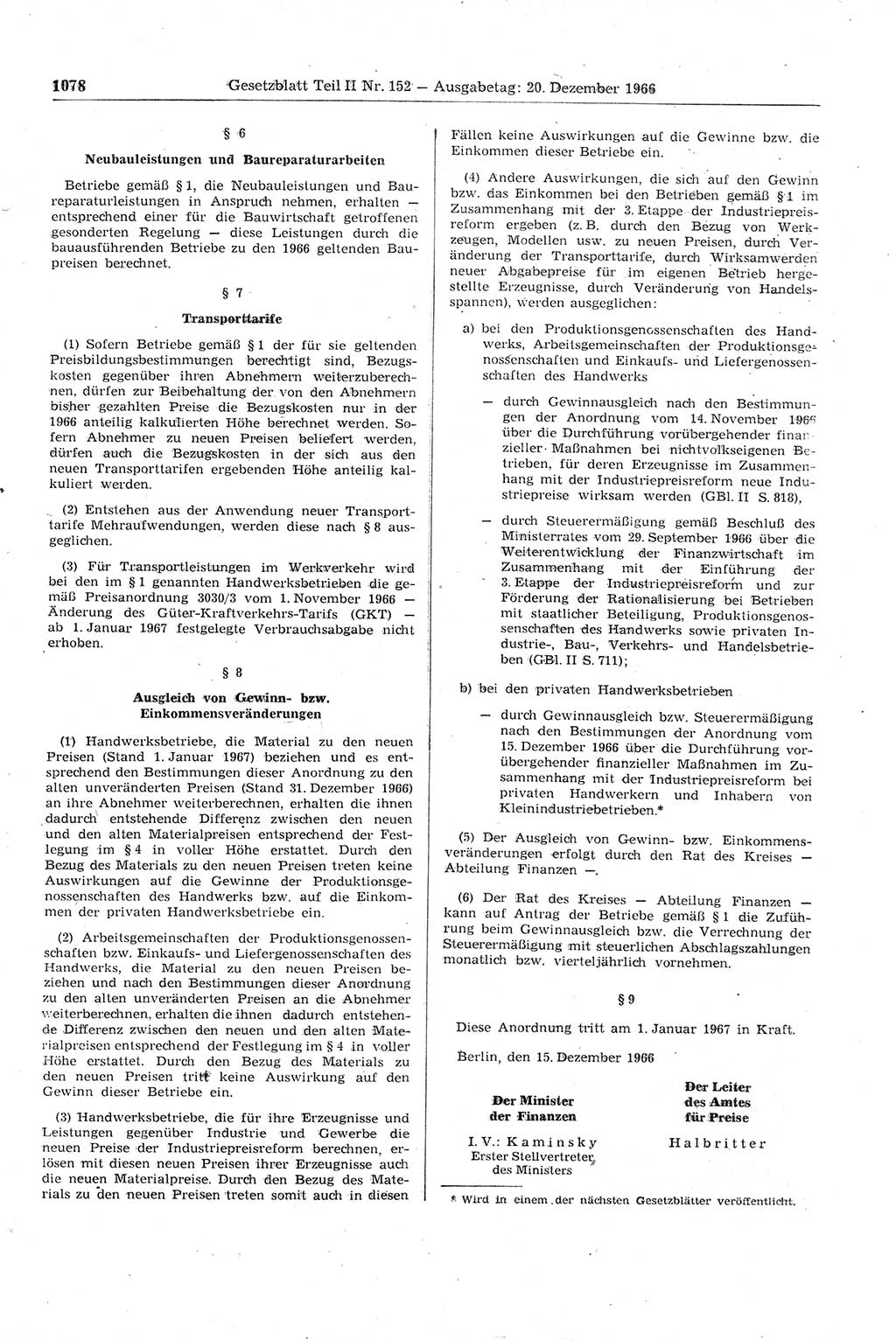 Gesetzblatt (GBl.) der Deutschen Demokratischen Republik (DDR) Teil ⅠⅠ 1966, Seite 1078 (GBl. DDR ⅠⅠ 1966, S. 1078)