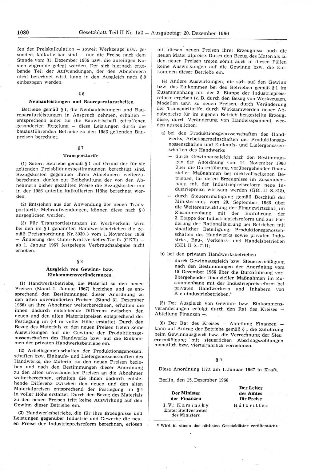 Gesetzblatt (GBl.) der Deutschen Demokratischen Republik (DDR) Teil ⅠⅠ 1966, Seite 1080 (GBl. DDR ⅠⅠ 1966, S. 1080)