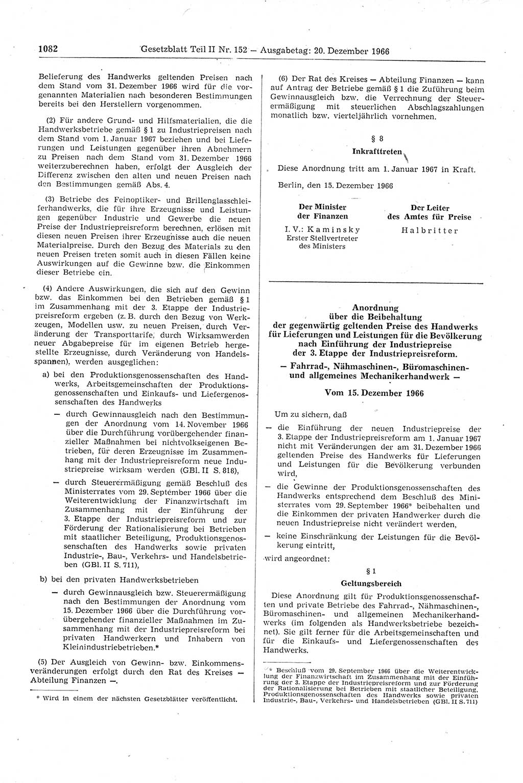 Gesetzblatt (GBl.) der Deutschen Demokratischen Republik (DDR) Teil ⅠⅠ 1966, Seite 1082 (GBl. DDR ⅠⅠ 1966, S. 1082)