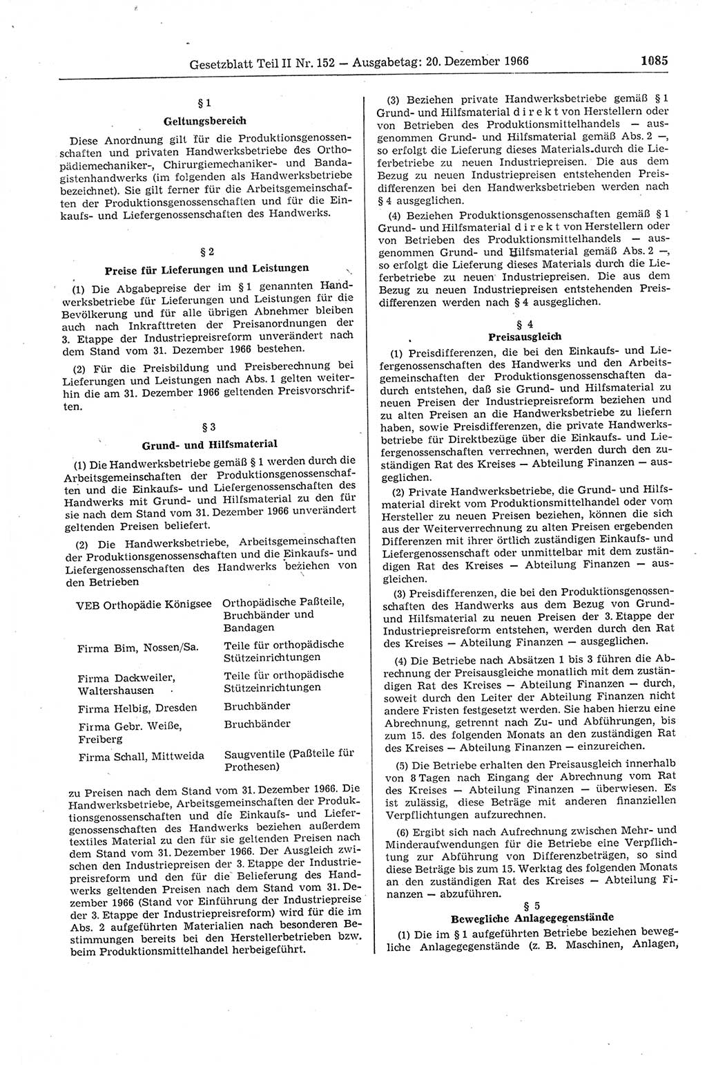 Gesetzblatt (GBl.) der Deutschen Demokratischen Republik (DDR) Teil ⅠⅠ 1966, Seite 1085 (GBl. DDR ⅠⅠ 1966, S. 1085)