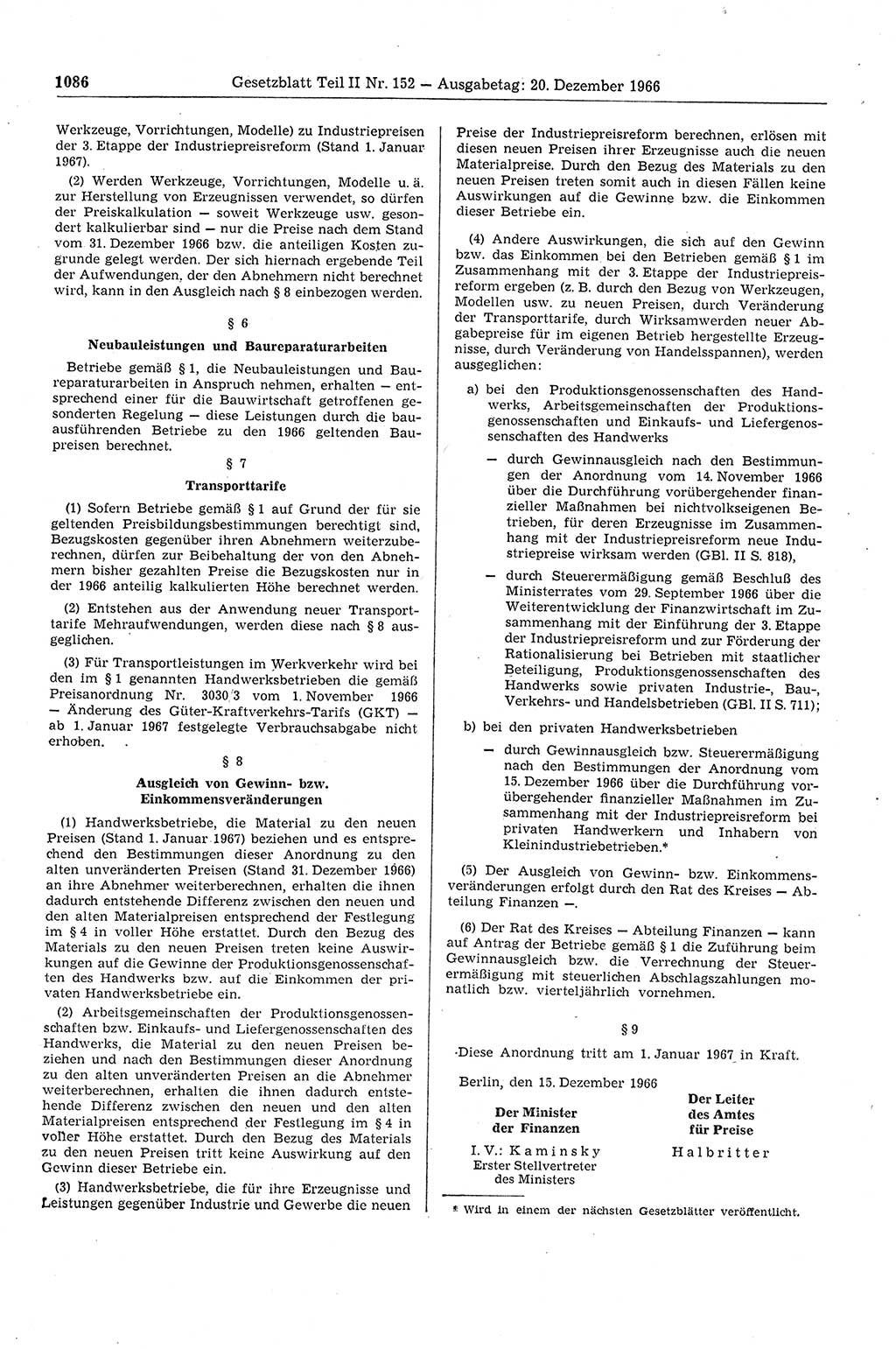 Gesetzblatt (GBl.) der Deutschen Demokratischen Republik (DDR) Teil ⅠⅠ 1966, Seite 1086 (GBl. DDR ⅠⅠ 1966, S. 1086)