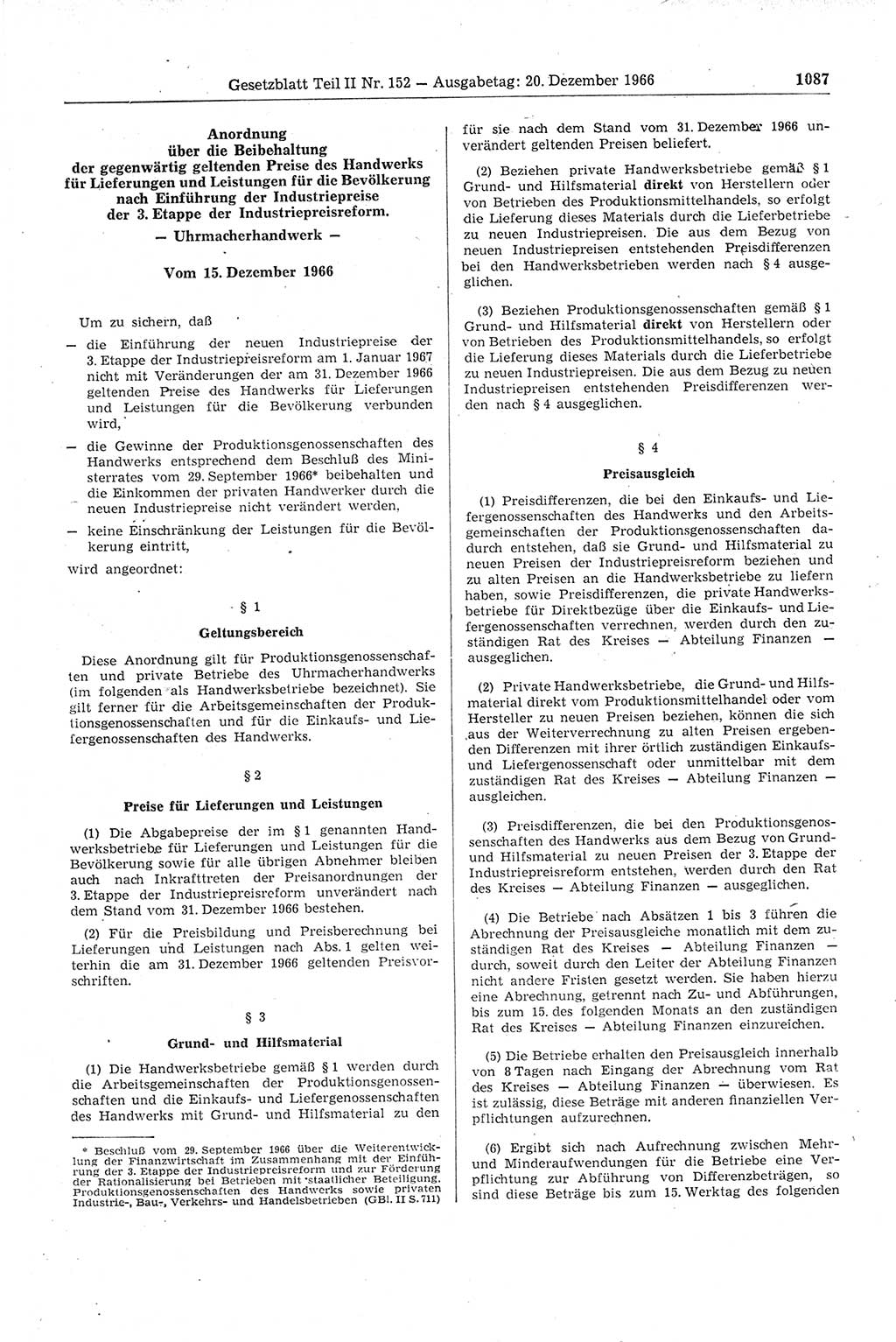 Gesetzblatt (GBl.) der Deutschen Demokratischen Republik (DDR) Teil ⅠⅠ 1966, Seite 1087 (GBl. DDR ⅠⅠ 1966, S. 1087)