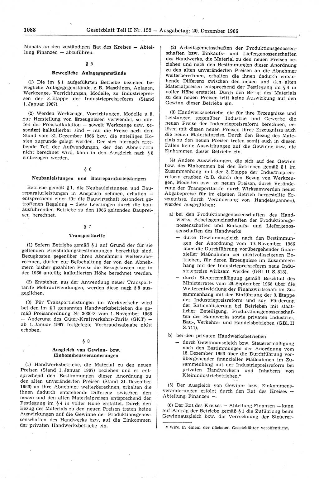 Gesetzblatt (GBl.) der Deutschen Demokratischen Republik (DDR) Teil ⅠⅠ 1966, Seite 1088 (GBl. DDR ⅠⅠ 1966, S. 1088)