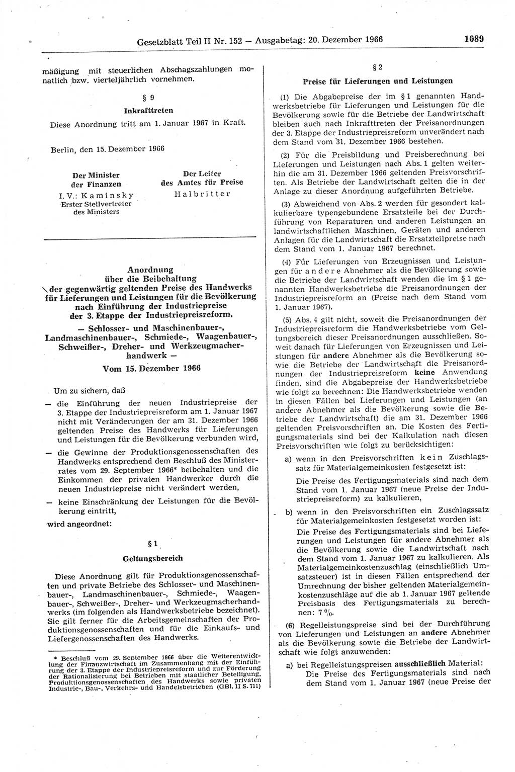 Gesetzblatt (GBl.) der Deutschen Demokratischen Republik (DDR) Teil ⅠⅠ 1966, Seite 1089 (GBl. DDR ⅠⅠ 1966, S. 1089)