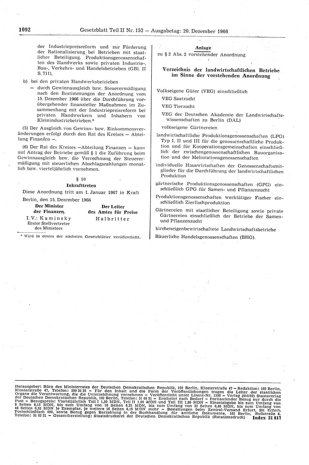 Gesetzblatt (GBl.) der Deutschen Demokratischen Republik (DDR) Teil ⅠⅠ 1966, Seite 1092 (GBl. DDR ⅠⅠ 1966, S. 1092)