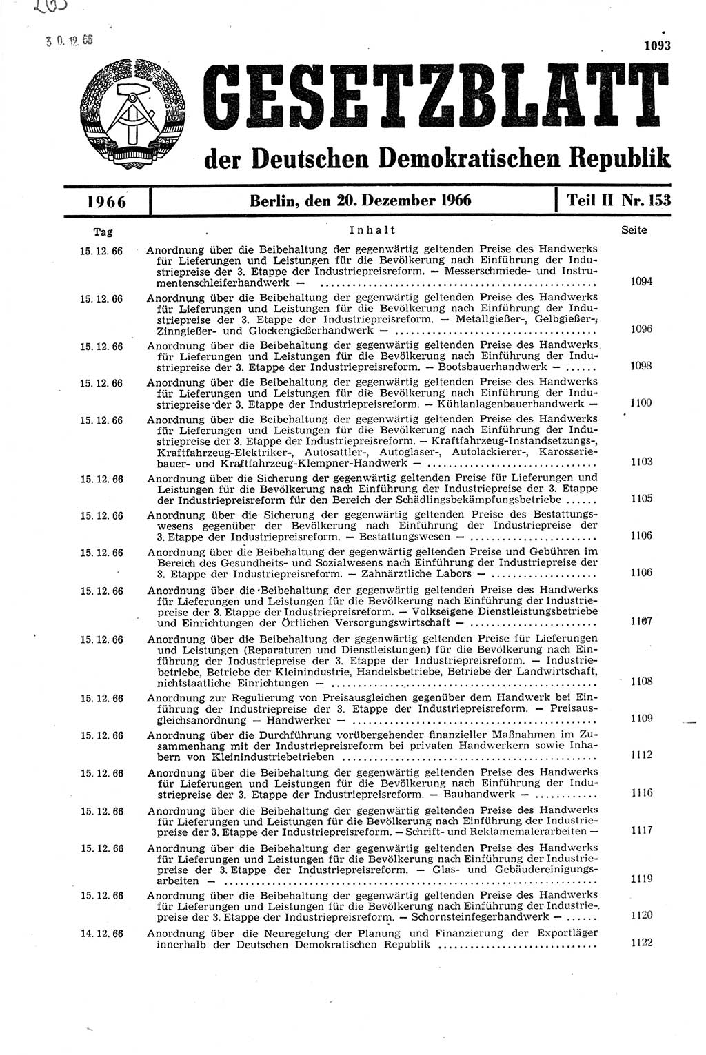 Gesetzblatt (GBl.) der Deutschen Demokratischen Republik (DDR) Teil ⅠⅠ 1966, Seite 1093 (GBl. DDR ⅠⅠ 1966, S. 1093)