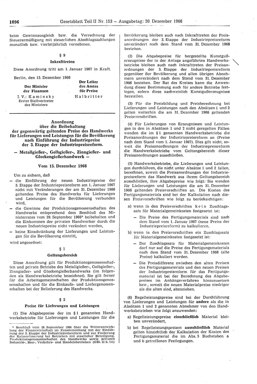 Gesetzblatt (GBl.) der Deutschen Demokratischen Republik (DDR) Teil ⅠⅠ 1966, Seite 1096 (GBl. DDR ⅠⅠ 1966, S. 1096)