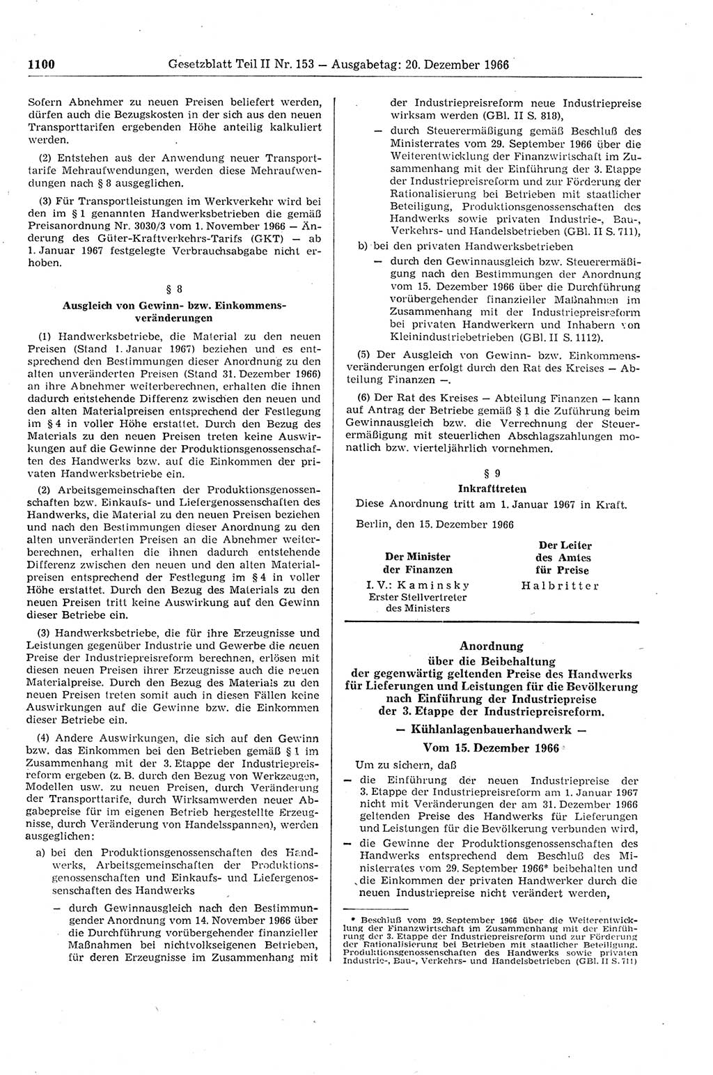 Gesetzblatt (GBl.) der Deutschen Demokratischen Republik (DDR) Teil ⅠⅠ 1966, Seite 1100 (GBl. DDR ⅠⅠ 1966, S. 1100)