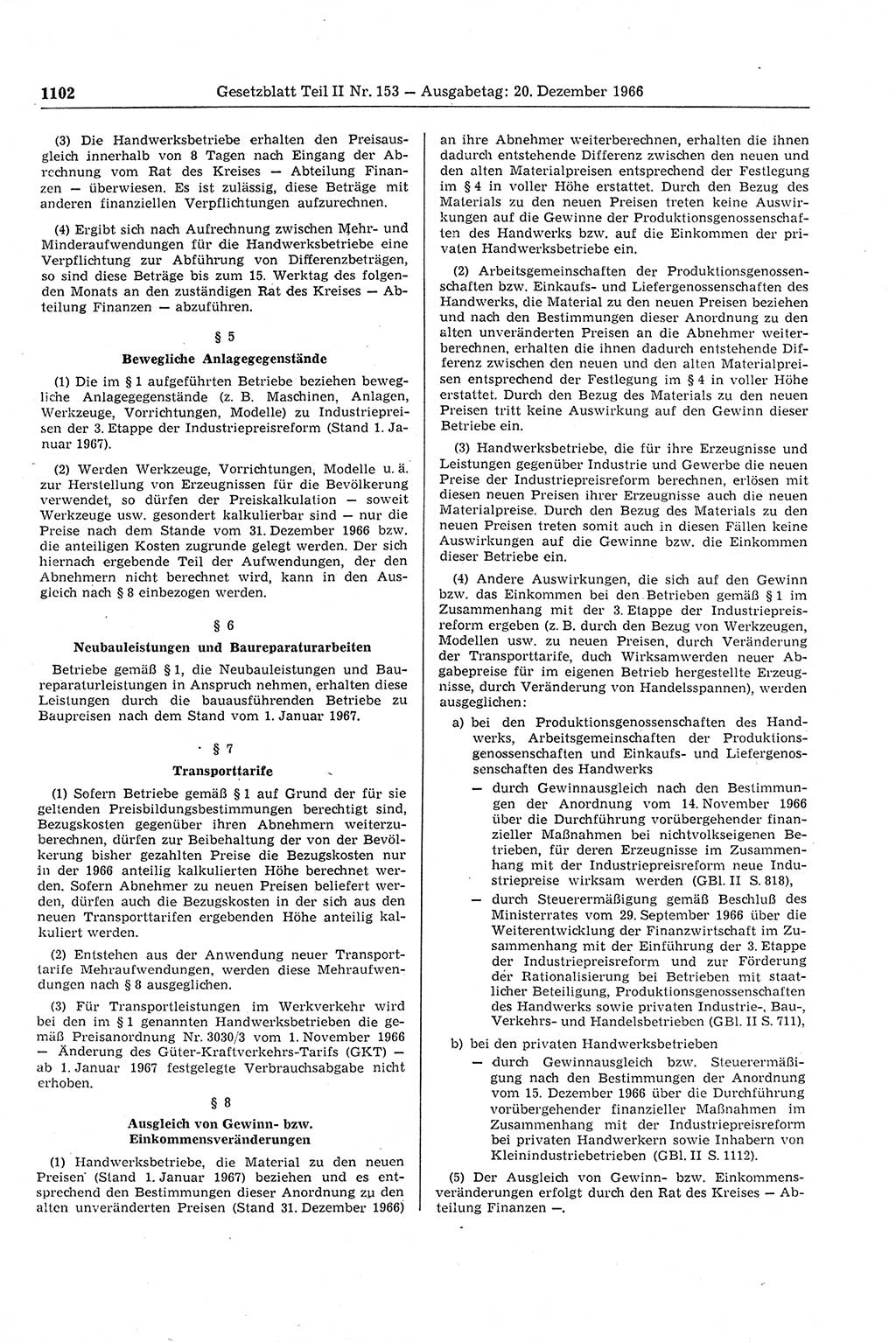 Gesetzblatt (GBl.) der Deutschen Demokratischen Republik (DDR) Teil ⅠⅠ 1966, Seite 1102 (GBl. DDR ⅠⅠ 1966, S. 1102)