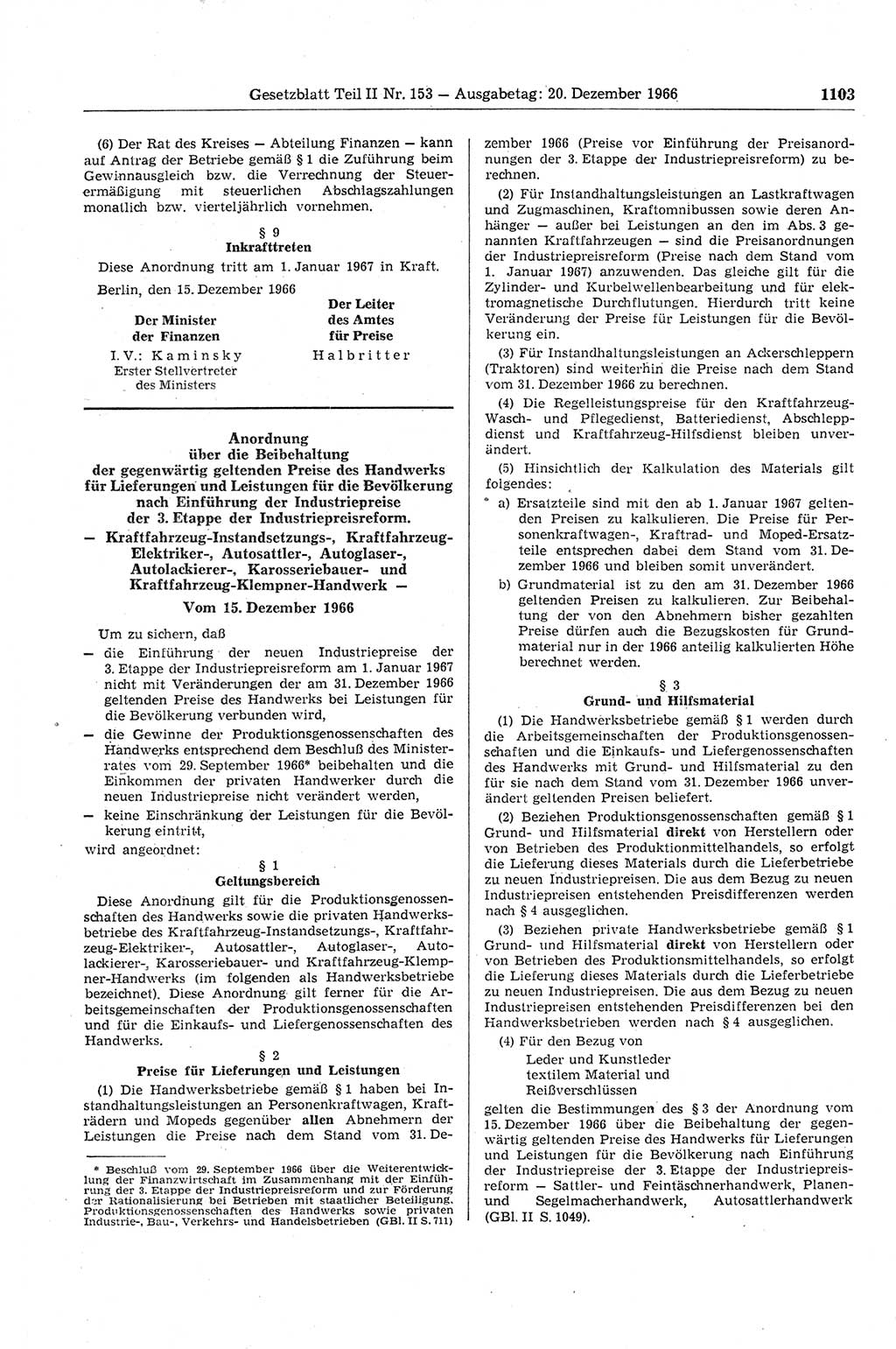 Gesetzblatt (GBl.) der Deutschen Demokratischen Republik (DDR) Teil ⅠⅠ 1966, Seite 1103 (GBl. DDR ⅠⅠ 1966, S. 1103)
