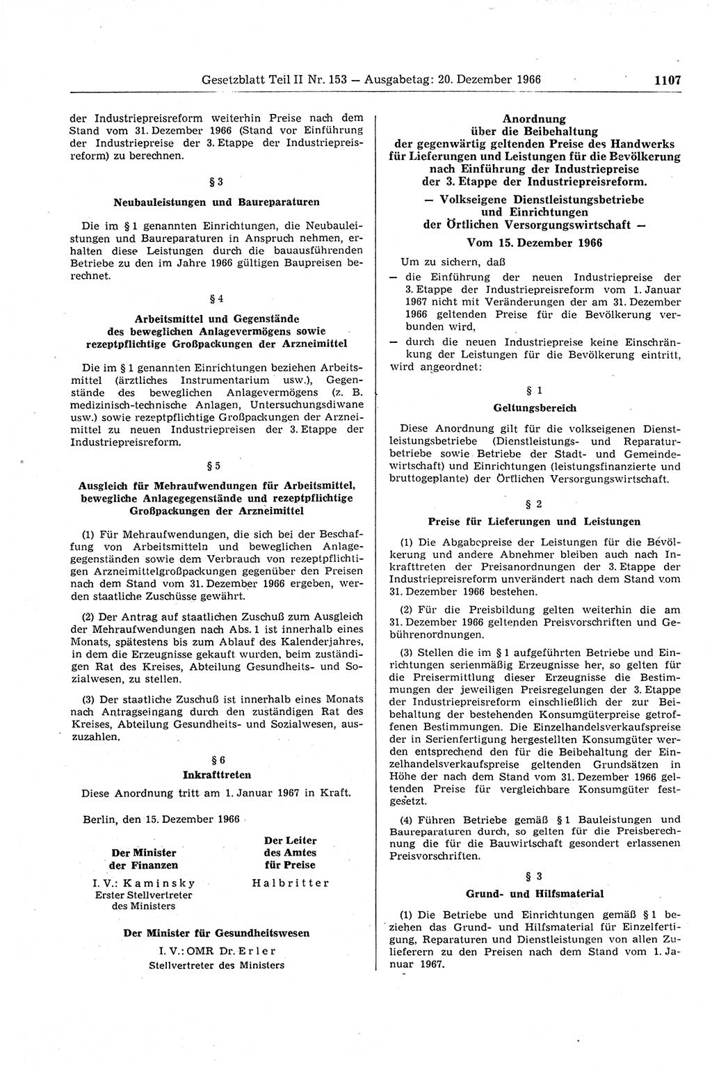 Gesetzblatt (GBl.) der Deutschen Demokratischen Republik (DDR) Teil ⅠⅠ 1966, Seite 1107 (GBl. DDR ⅠⅠ 1966, S. 1107)