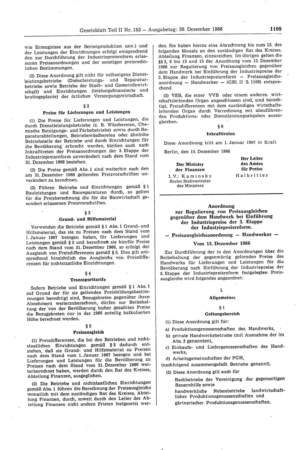 Gesetzblatt (GBl.) der Deutschen Demokratischen Republik (DDR) Teil ⅠⅠ 1966, Seite 1109 (GBl. DDR ⅠⅠ 1966, S. 1109)