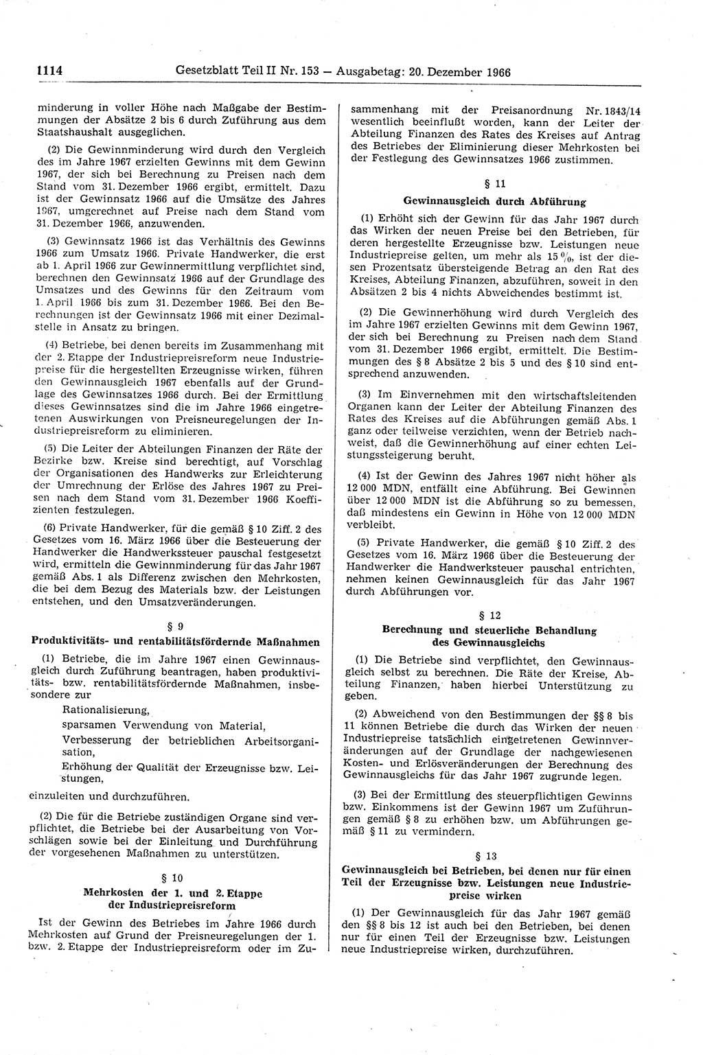 Gesetzblatt (GBl.) der Deutschen Demokratischen Republik (DDR) Teil ⅠⅠ 1966, Seite 1114 (GBl. DDR ⅠⅠ 1966, S. 1114)