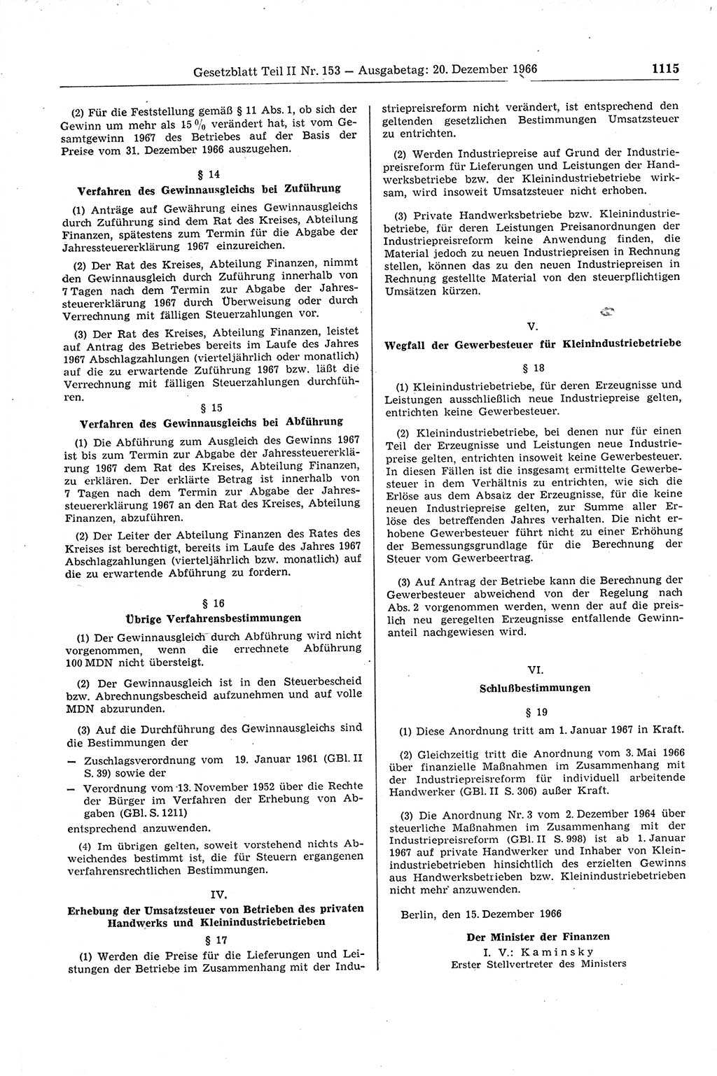 Gesetzblatt (GBl.) der Deutschen Demokratischen Republik (DDR) Teil ⅠⅠ 1966, Seite 1115 (GBl. DDR ⅠⅠ 1966, S. 1115)
