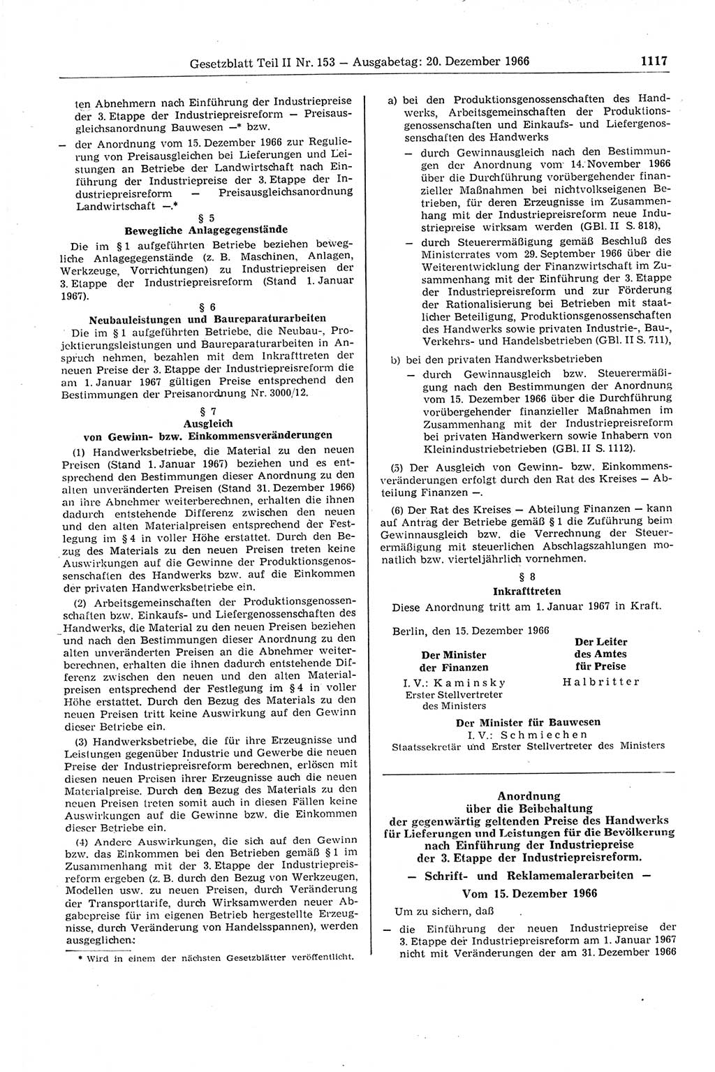 Gesetzblatt (GBl.) der Deutschen Demokratischen Republik (DDR) Teil ⅠⅠ 1966, Seite 1117 (GBl. DDR ⅠⅠ 1966, S. 1117)