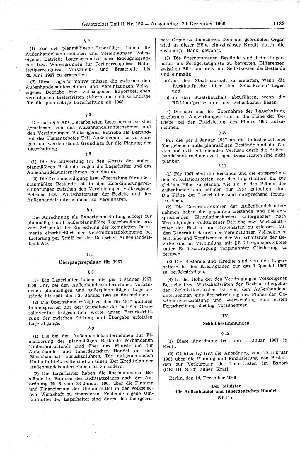 Gesetzblatt (GBl.) der Deutschen Demokratischen Republik (DDR) Teil ⅠⅠ 1966, Seite 1123 (GBl. DDR ⅠⅠ 1966, S. 1123)