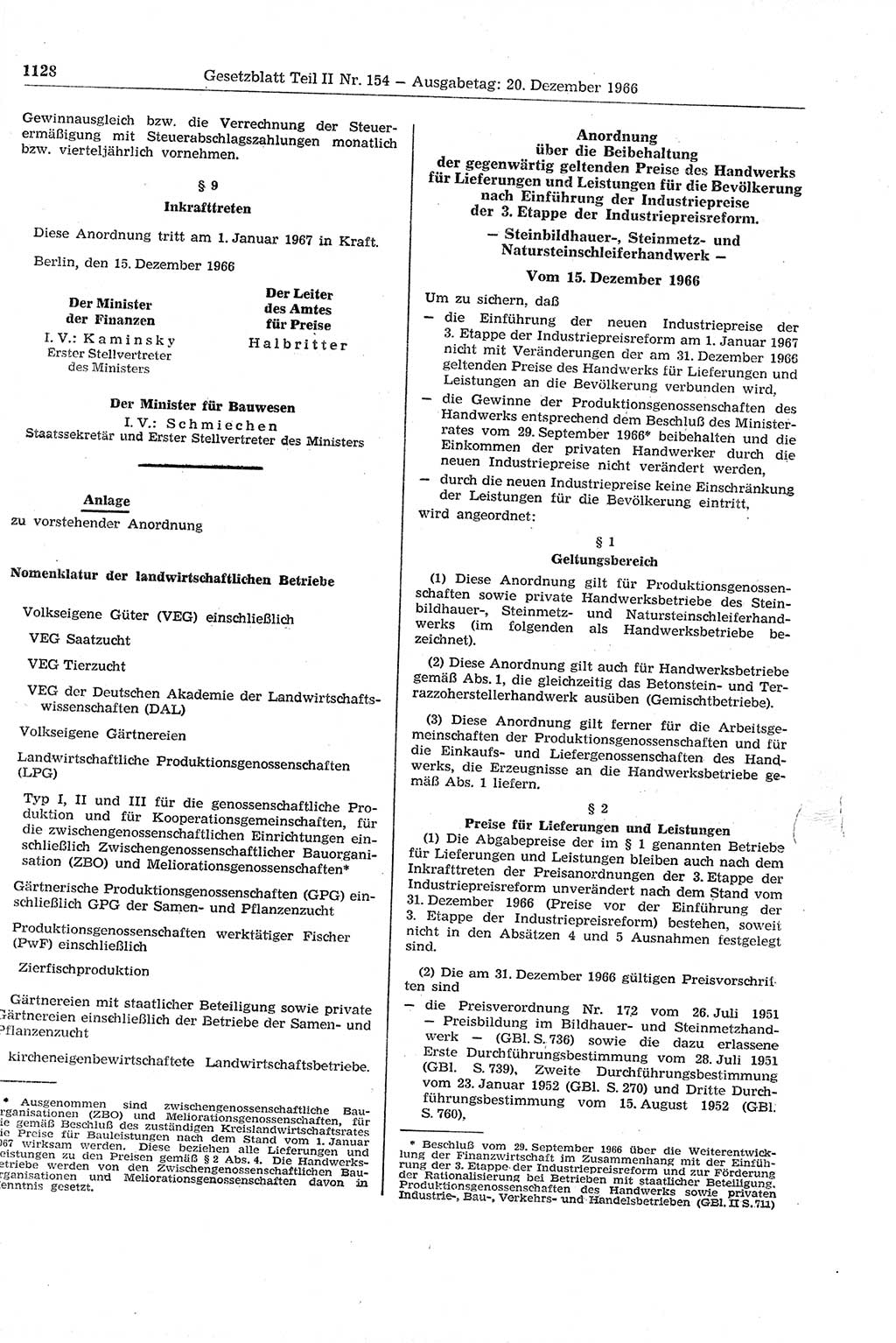 Gesetzblatt (GBl.) der Deutschen Demokratischen Republik (DDR) Teil ⅠⅠ 1966, Seite 1128 (GBl. DDR ⅠⅠ 1966, S. 1128)