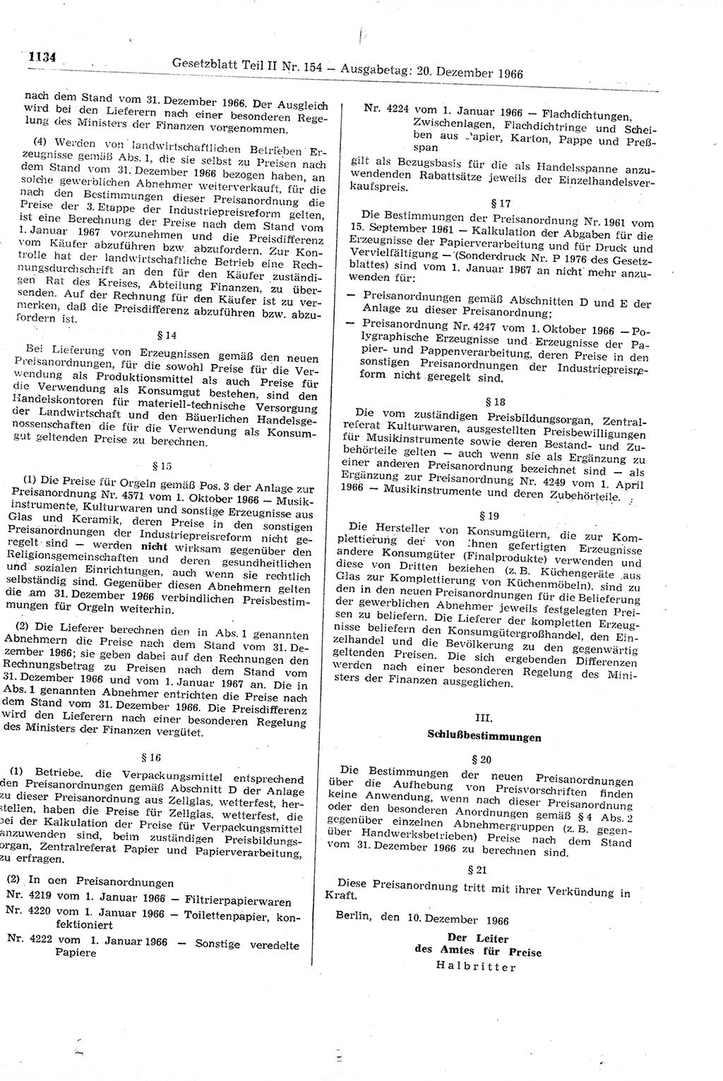 Gesetzblatt (GBl.) der Deutschen Demokratischen Republik (DDR) Teil ⅠⅠ 1966, Seite 1134 (GBl. DDR ⅠⅠ 1966, S. 1134)