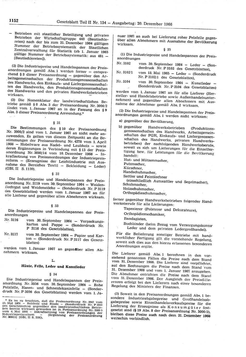 Gesetzblatt (GBl.) der Deutschen Demokratischen Republik (DDR) Teil ⅠⅠ 1966, Seite 1152 (GBl. DDR ⅠⅠ 1966, S. 1152)