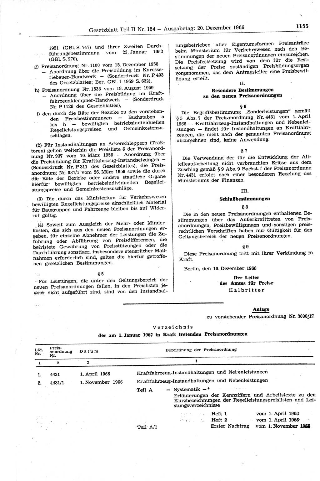 Gesetzblatt (GBl.) der Deutschen Demokratischen Republik (DDR) Teil ⅠⅠ 1966, Seite 1155 (GBl. DDR ⅠⅠ 1966, S. 1155)