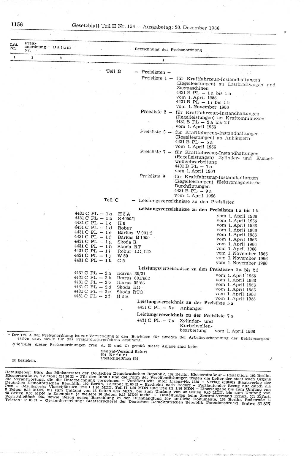 Gesetzblatt (GBl.) der Deutschen Demokratischen Republik (DDR) Teil ⅠⅠ 1966, Seite 1156 (GBl. DDR ⅠⅠ 1966, S. 1156)