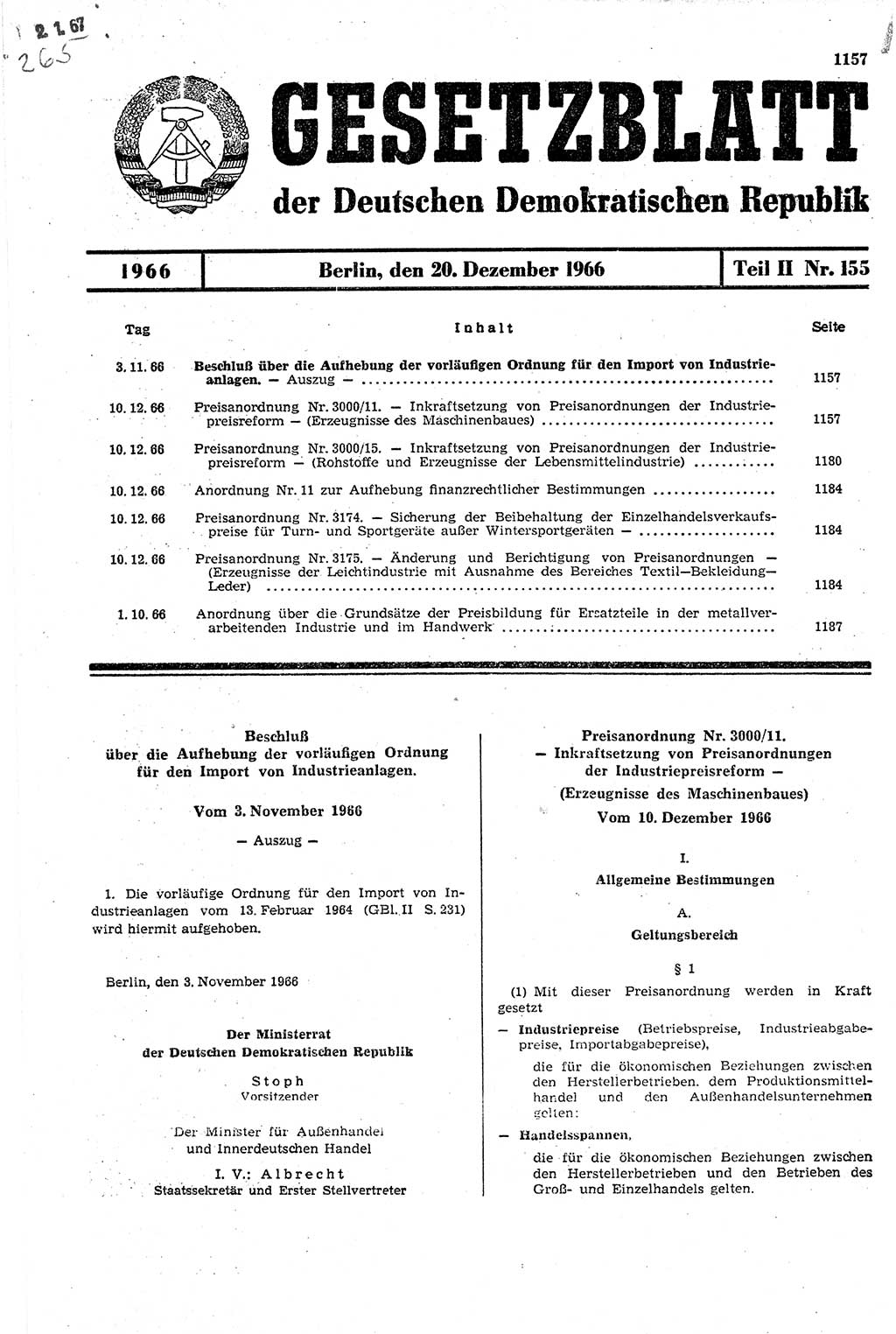 Gesetzblatt (GBl.) der Deutschen Demokratischen Republik (DDR) Teil ⅠⅠ 1966, Seite 1157 (GBl. DDR ⅠⅠ 1966, S. 1157)